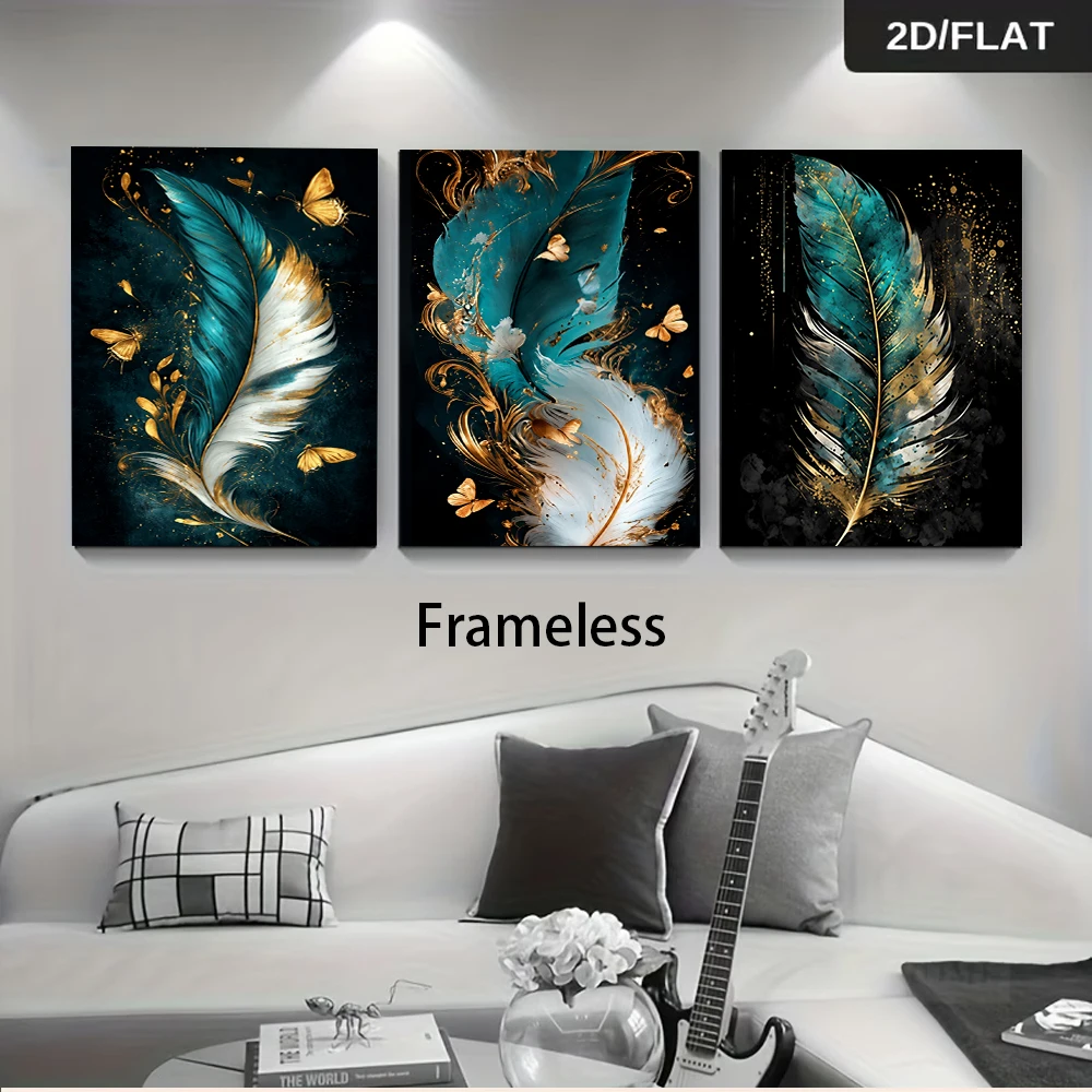 1 set of modern, light luxury feather triptych frameless peacock blue feather butterfly decorative paintings (2D flat)