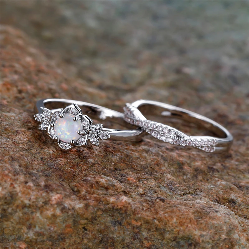 خمر الإناث الأبيض النار أوبال زهرة خاتم الخطوبة مجموعة لطيف فضي اللون مجوهرات الزفاف للنساء