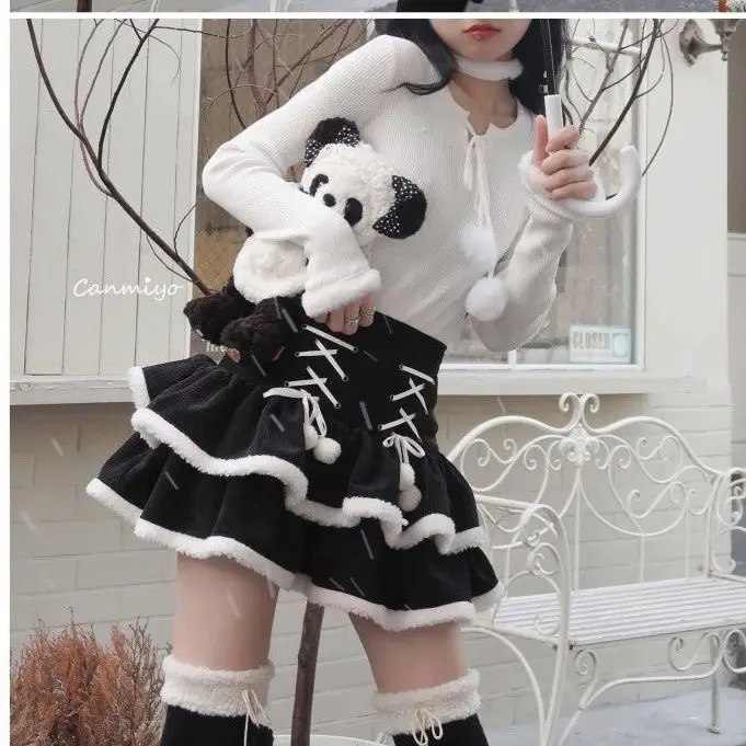 HANYAYA 2000s Winter Fuzzy Black White Sweet Cool Cute High Waist Hot Girl Corduroy Tiered Cake Ruffle Fluffy Mini Skirt Women