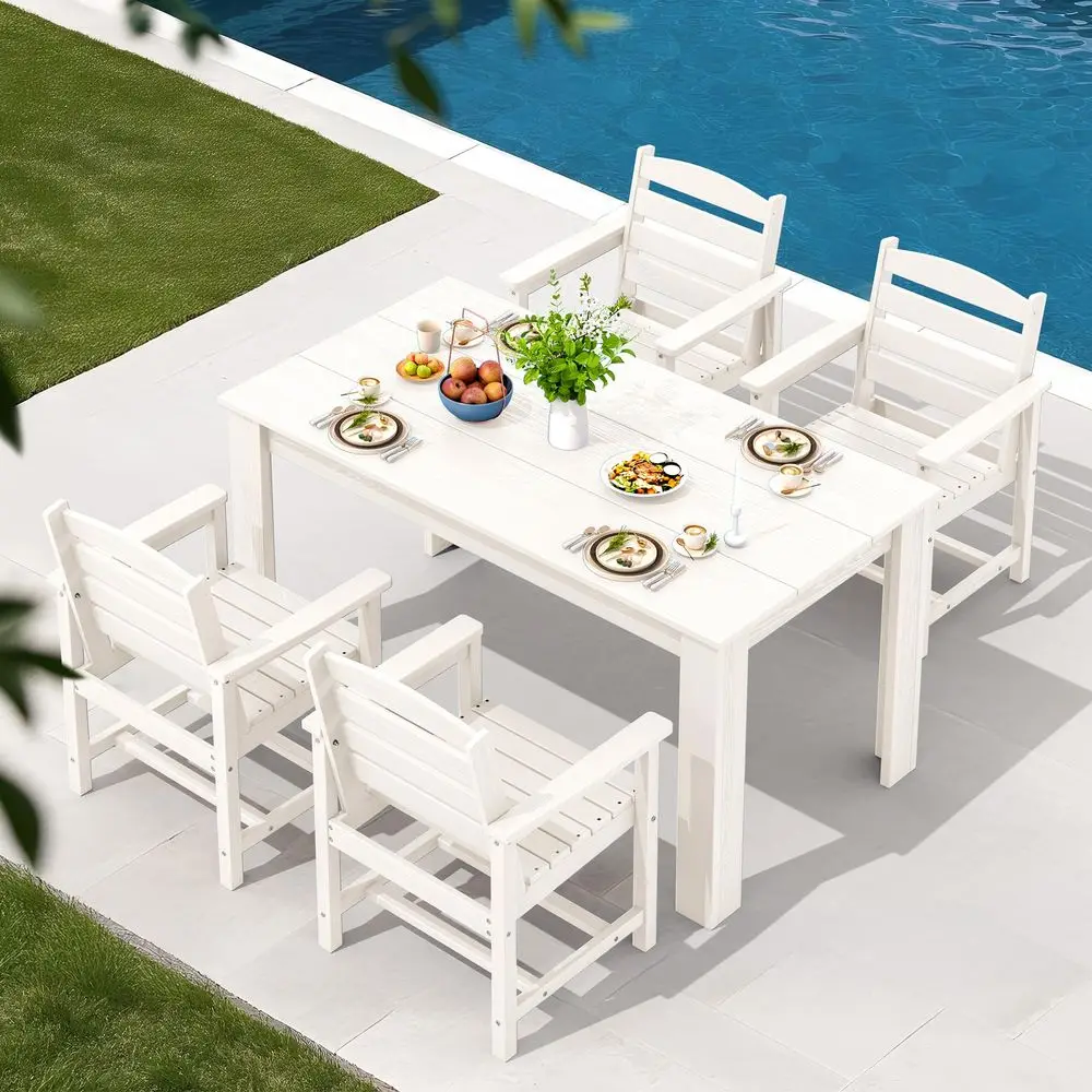 

Patio Dining Set for 4, Outdoor Dining Sets for 4 Person with 1 Umbrella Hole CutOut Rectangular Table and 4 Chairs, HDPE Dinin