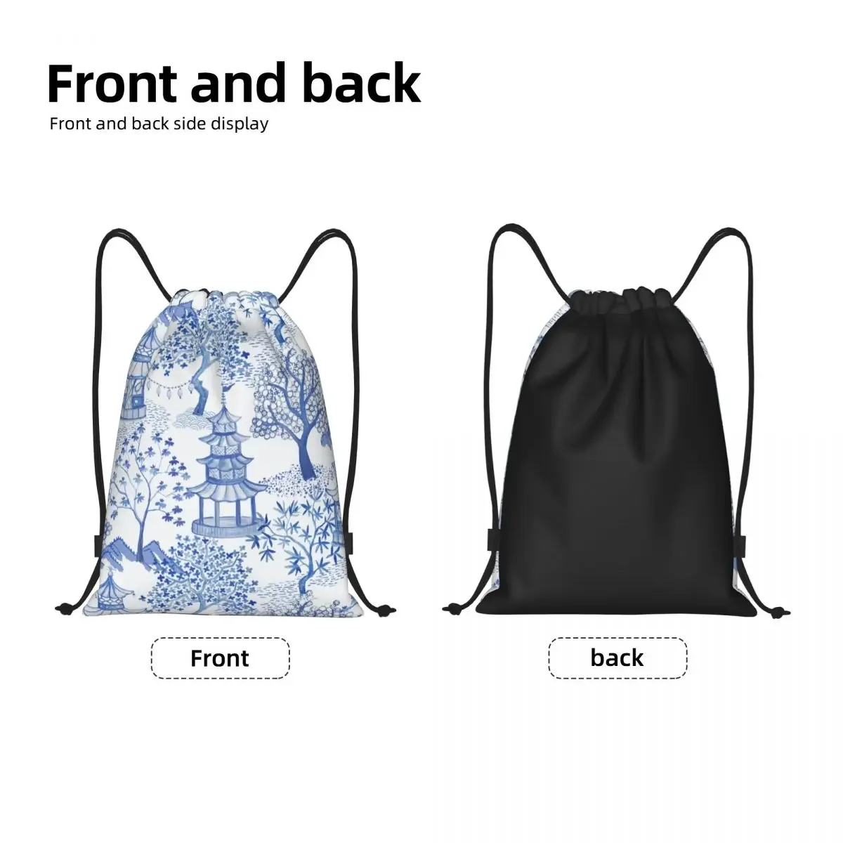 Custom Pagoda Forest Drawstring Bags Women Men Lightweight Blue Delft Vintage Chinoiserie Sports Gym Storage Backpack