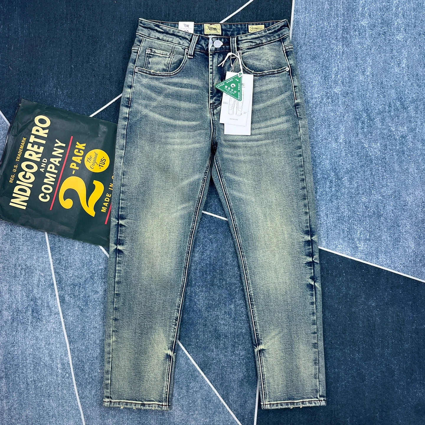 14온스 레트로 청바지 남성용 가을 스트레치 슬림 스트레이트 팬츠 다용도 바지