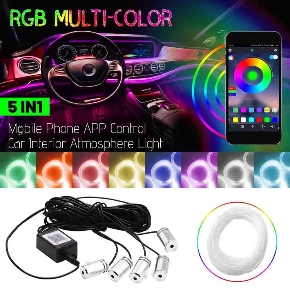 Car RGB Led Strip Light Car Styling Interior Atmosphere Decorative Lamps 12V 5LED 6M APP Cigarette Fiber Optic Neon Dropshipping