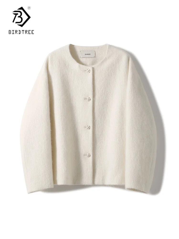 

Birdtree 33% овечьей шерсти теплое пальто, женское однобортное короткое пальто из смесовой шерсти с круглым вырезом, белые топы осень-зима 2025T59027JF