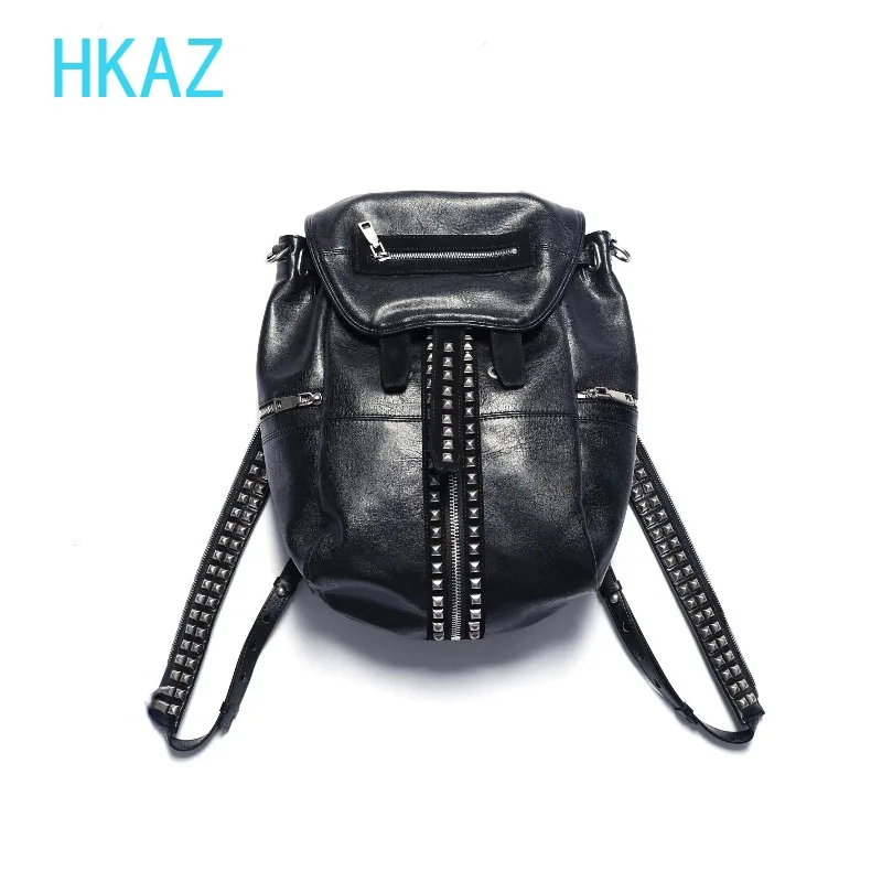 Y2k Dark Rivet Leather Double Shoulder Bucket Bag Retro Street Punk Hip Hop Subculture Niche Backpack Travel Cosmetic Bags