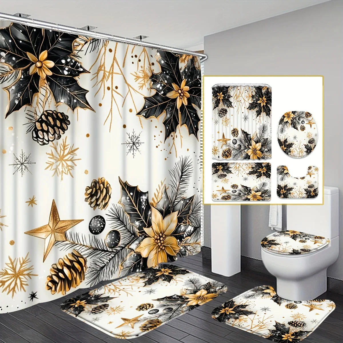 

4Pcs Winter Holly Shower Set, Bathroom Decor, 12 Hooks, Non-Slip Mat, U-Shaped Toilet Cover, Perfect Xmas Gift