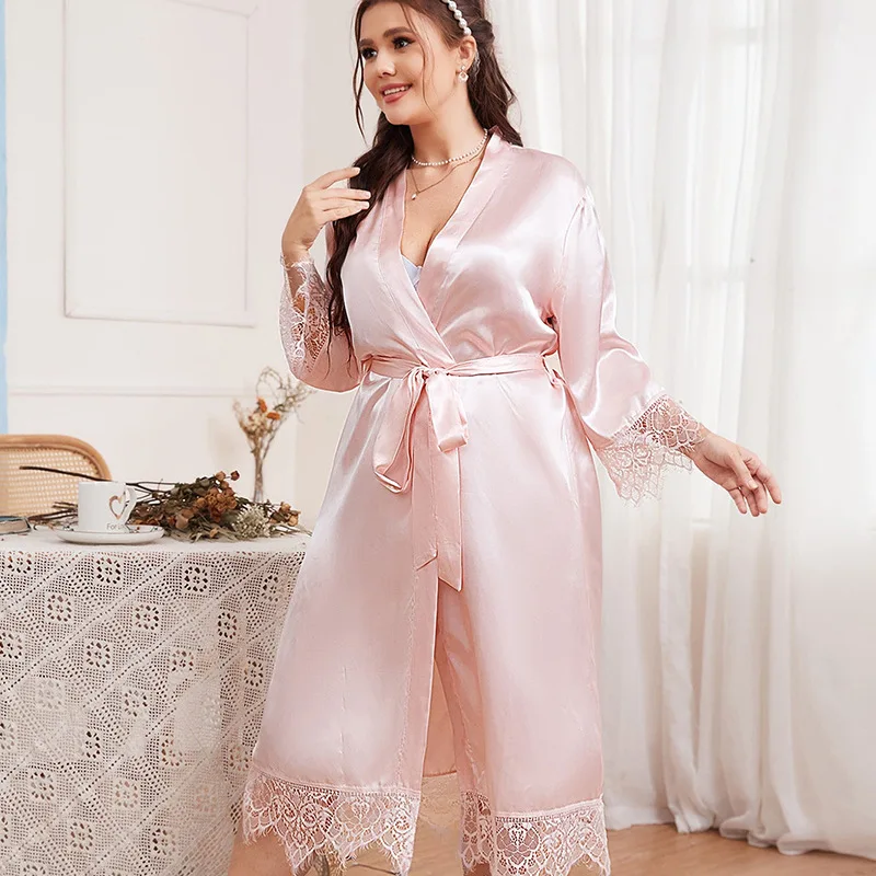 Pink Kimono Bathrobe Sexy Lace Trim Wedding Robe Women Sleepwear Long Home Dressing Gown Bride Nightgown Oversize 3Xl 4Xl 5Xl