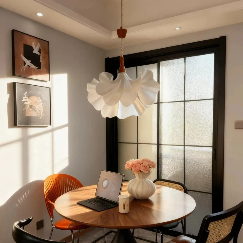 Vintage Ginkgo Leaf Glass Pendant Light Walnut Wood Decor Adjustable 150cm Chain Hanging Lamp Bedroom
