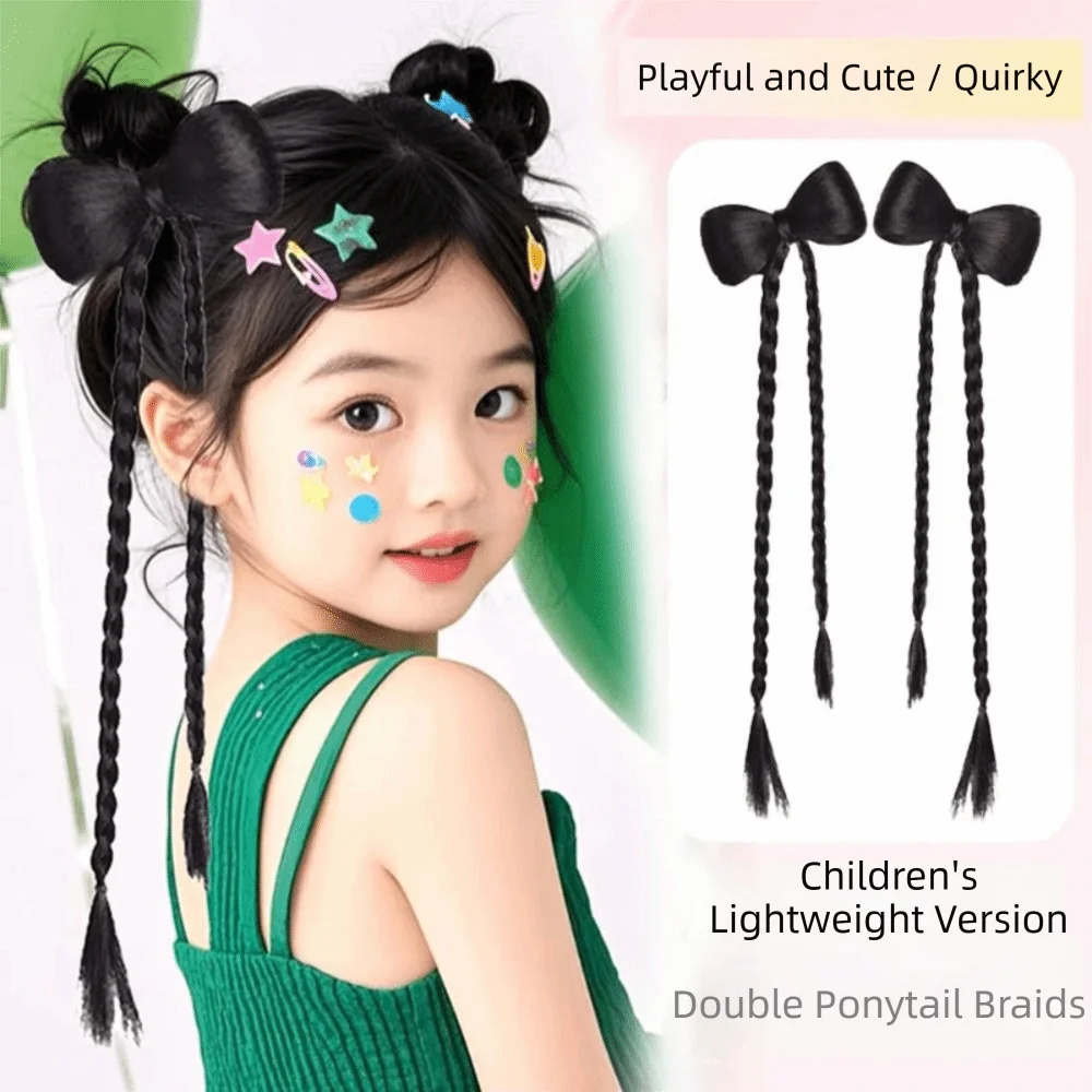 1 pair Trendy Cute Children's Wig Braid Bow Knot Ball Head Hair Clip Double Ponytail Wig Fried Dough Twists Braid Female Use