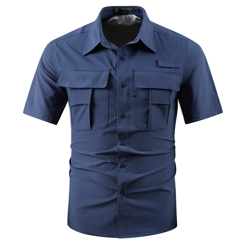 

Summer Men Outdoor Short sleeves Elastic Quick Drying Cargo Tooling Shirts Male Thin Breathable Comfortable Waterproof Shirts 4X
