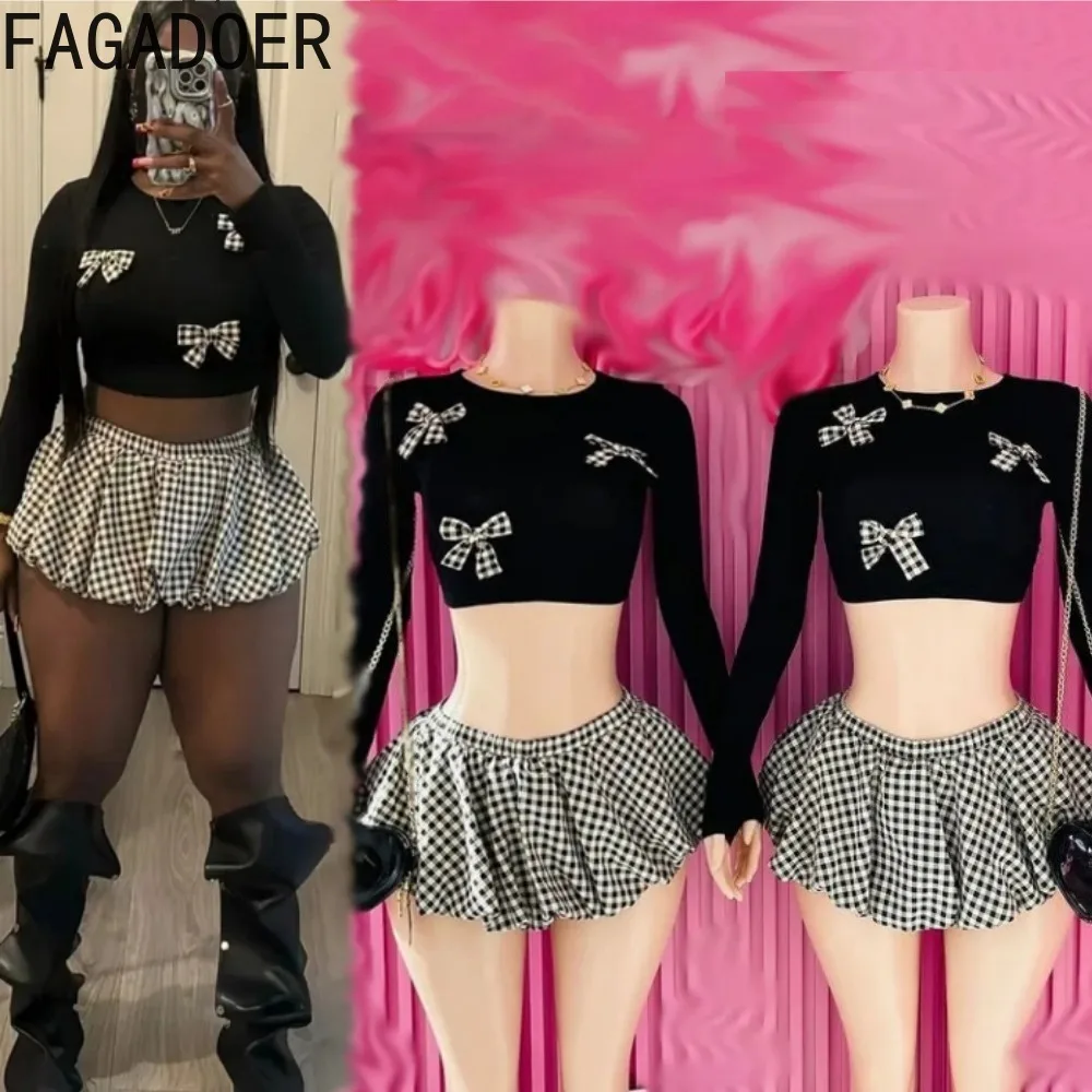 FAGADOER Zoete 2-delige sets Dames Outfit Lange mouwen Boog Patchwork Crop Top En Bubble Bladerdeeg Rok Past Mode Y2K Streetwear