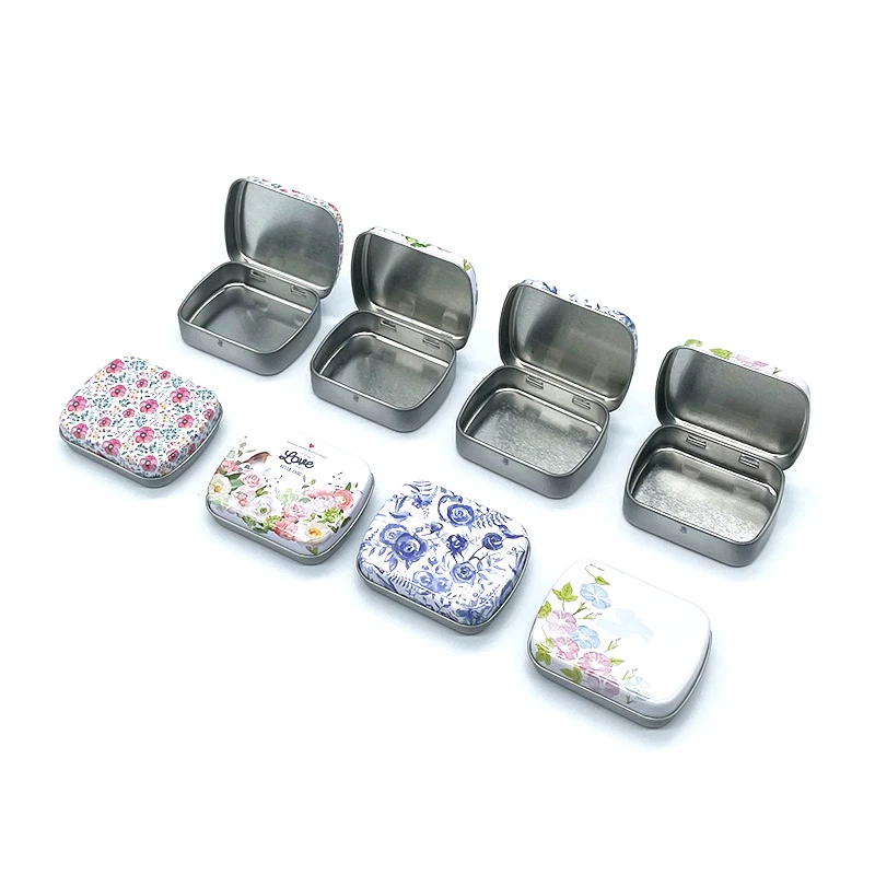 Mini printing Metal Hinged Tin Box With Lid Rectangular Small Storage Container Candy Pill Case Pill Organizer Capsule Box