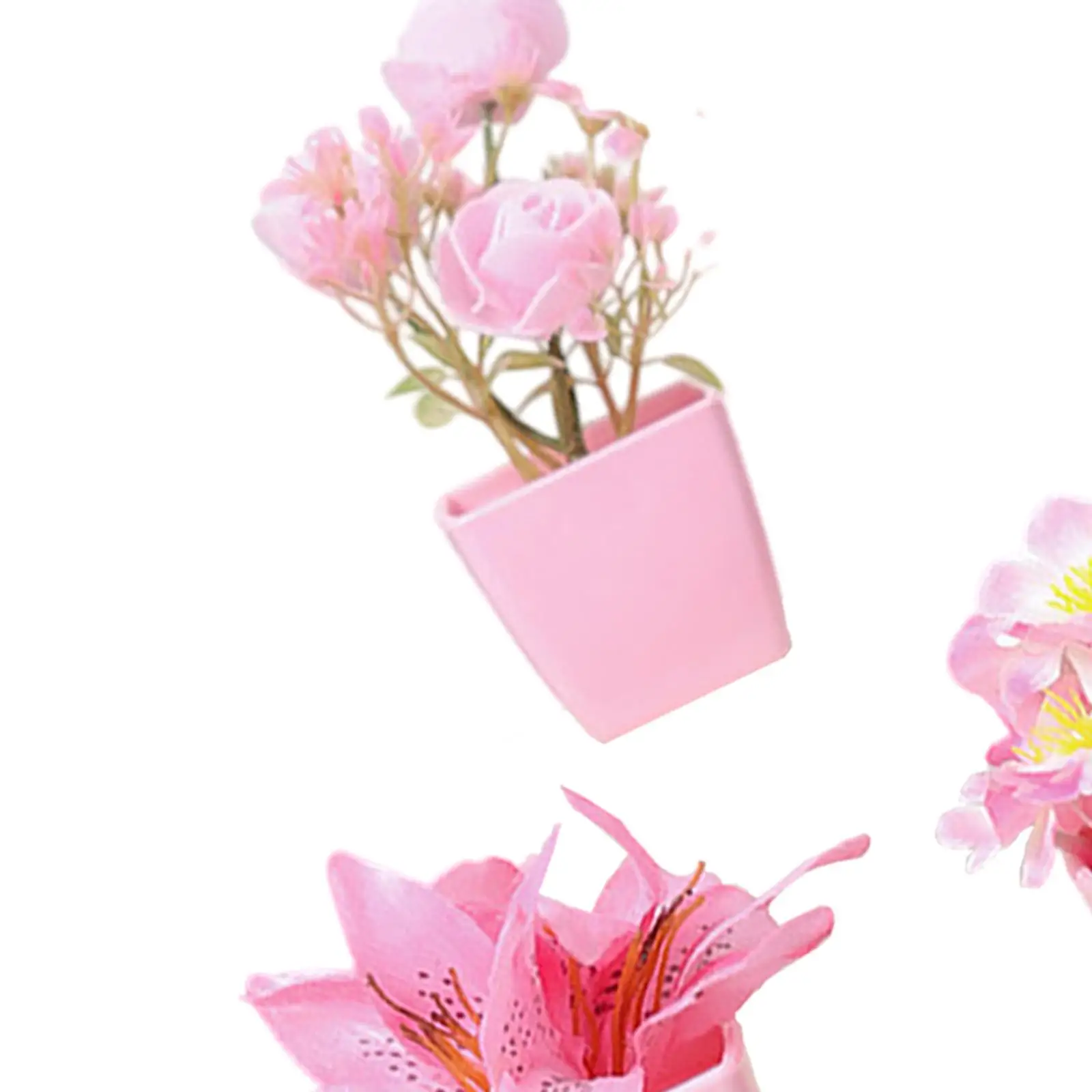 5x Pink Simulated Flowers Faux Mini Potted Plants for Bookshelfcabinet Party