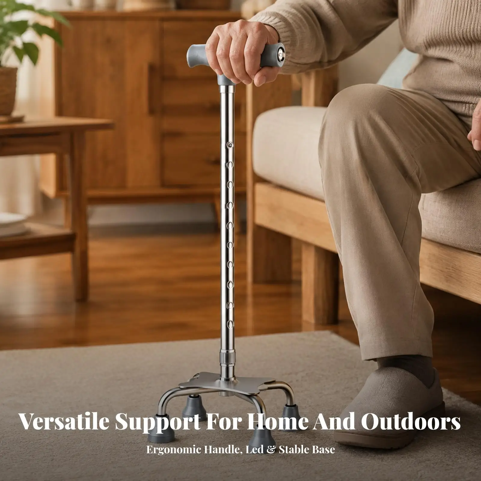 Four-Legged Cane with Non-Slip Base | Lightweight Aluminum Alloy Construction, Self-Standing with Four-Legged Base, for Home