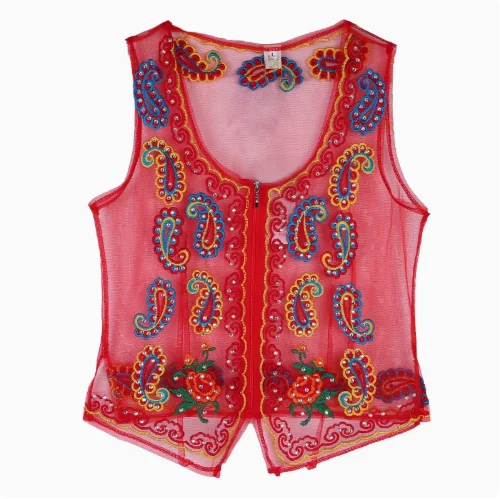 Chinese Xinjiang Uyghur Women's Mesh Embroidered Hot Diamond Short Vest Performance Dress