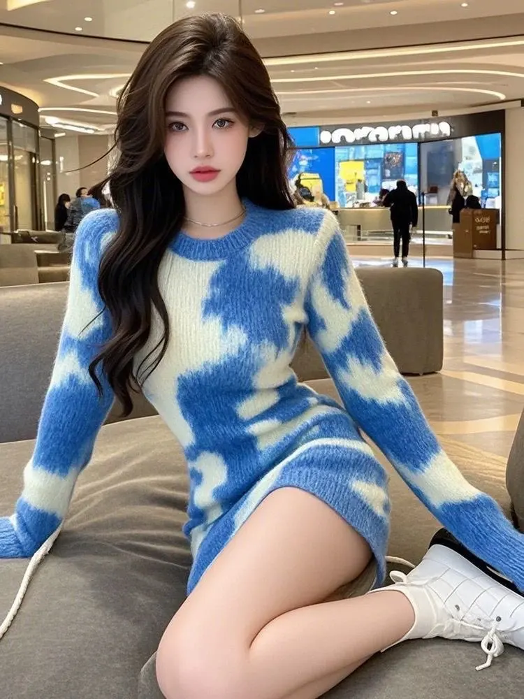 

Loose Knitted Tie Dye Thick Sweater Dress Women's Crew Neck Full Sleeve Casual Style Autumn Winter New Fashion Slimming Top F351