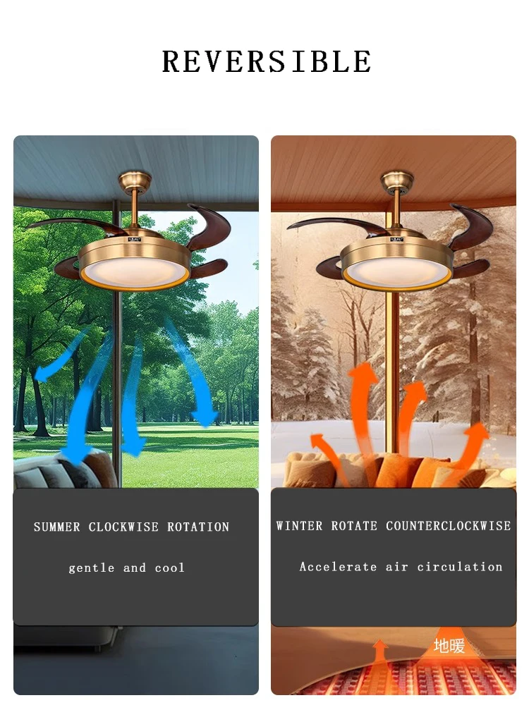 Bronze Modern Led Ceiling Fan Light Quiet Invisible Fan Blade Remote Control Reversible Timing Fan Lamp for Dining Room Bedroom