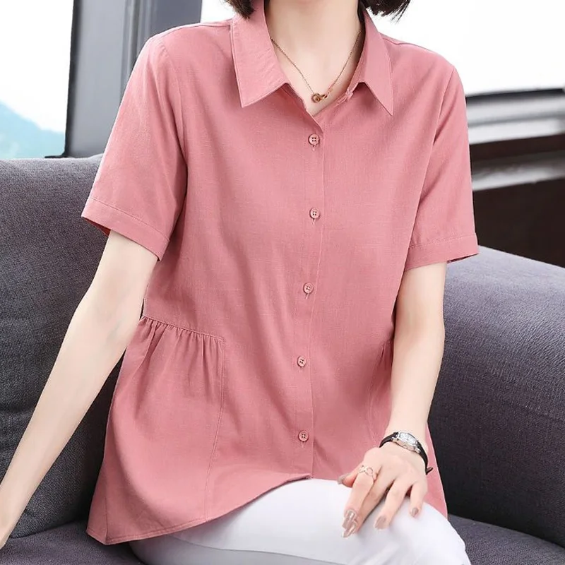 Summer New Loose Pleated Shirts Short Sleeve Polo Neck Solid Color Plus Size Blouse Simplicity Fashion Casual Women Clothing