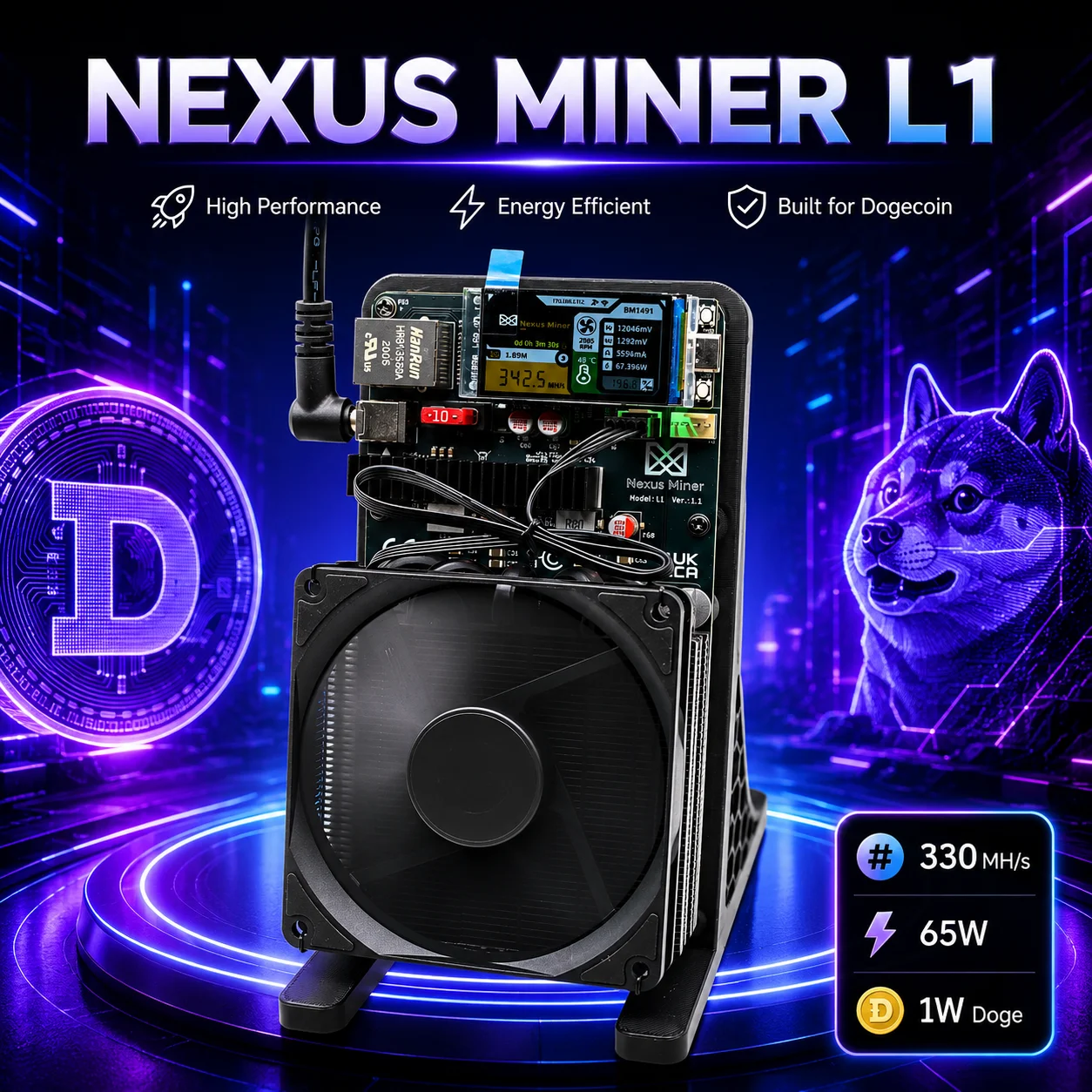 NEXUS MINER L1 Hydro ASIC Bitcoin Miner 330MH/S 65W Effizienz 6 BM1491AA Chips für LTC DOGE Mining mit Netzteil im Lieferumfang enthalten Modell 2026
