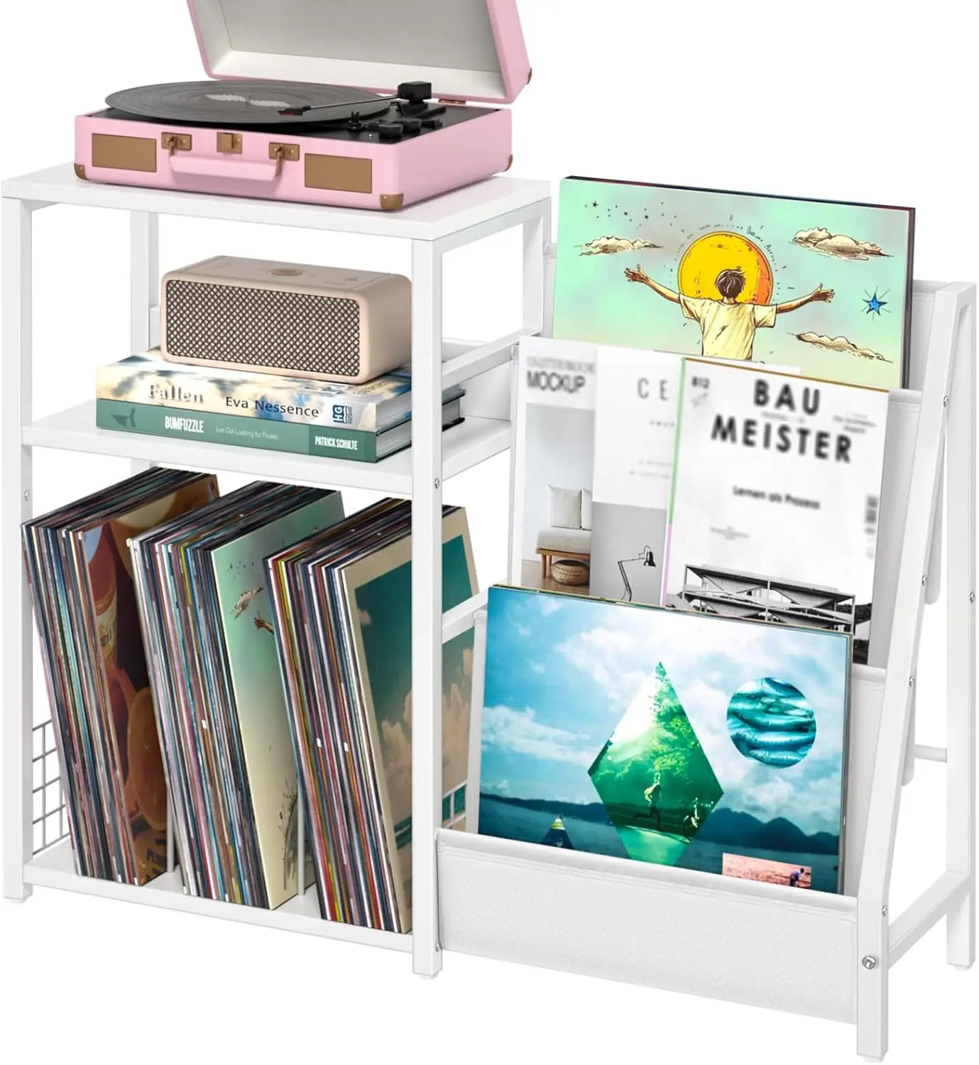 

3-Tier Vinyl Record Storage Cabinet with Turntable Stand, White Side Table for Albums and Magazines