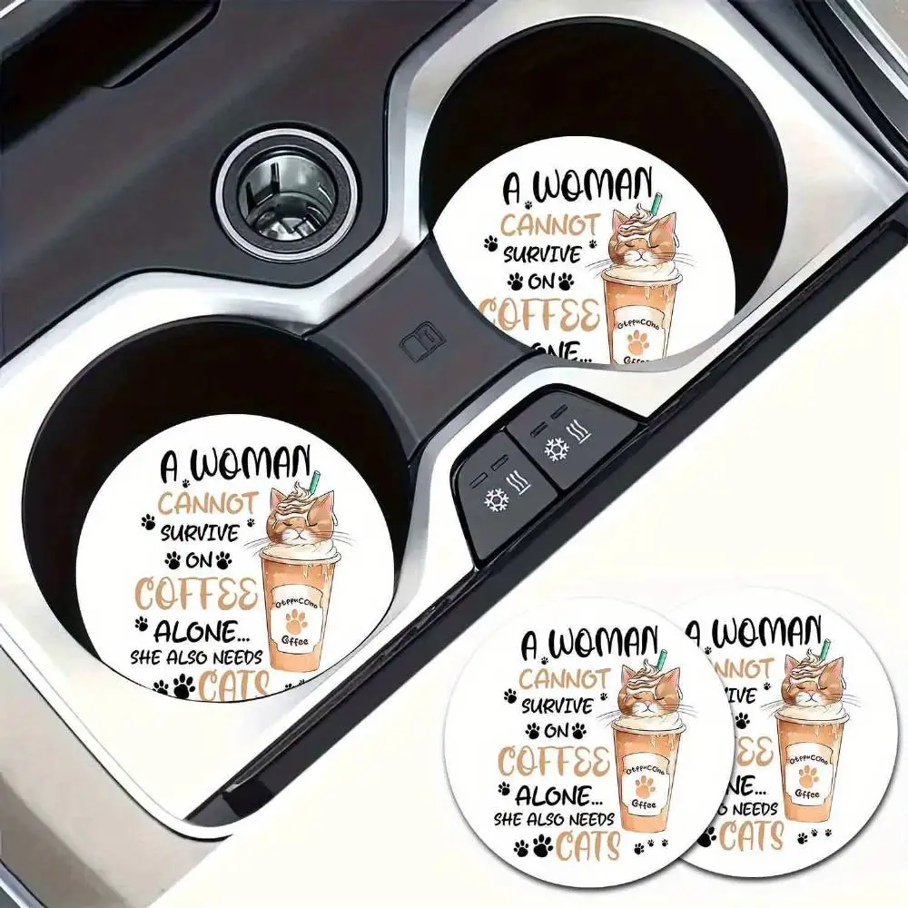 Cute Cartoon Cat Humorous Quote Non-Slip Car Cup Holder Coasters Creative Gift For Cat Lovers Holiday Gift