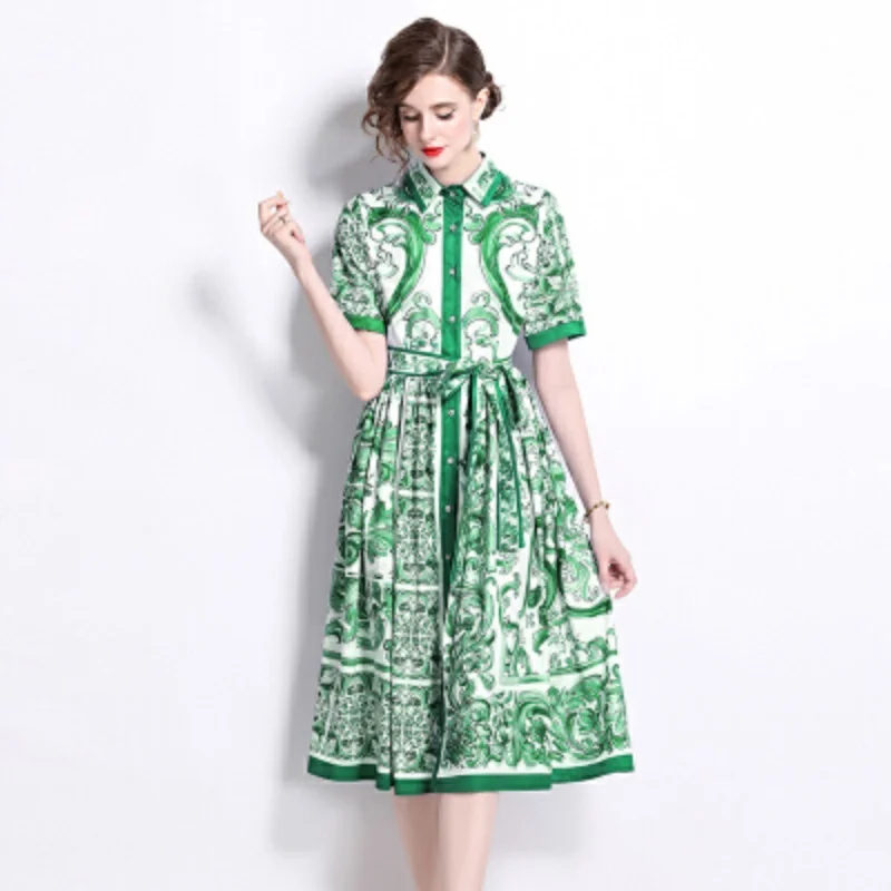

Summer Blue And White Porcelain Print Shirt Midi Dress Women Elegant Lapel Short Sleeve Single Breasted Lace Up Party Dress