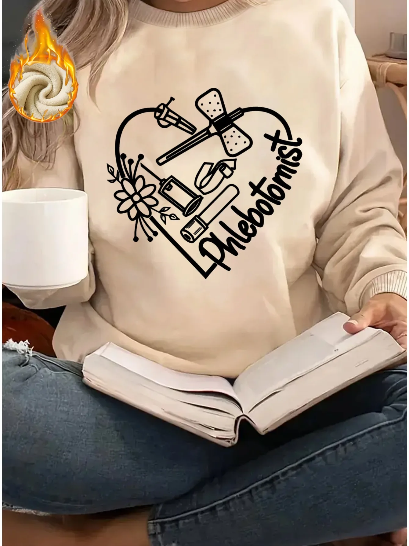 Women's Thick Fry Sweatshirt with Heart and Blood Collection Graphic Print-