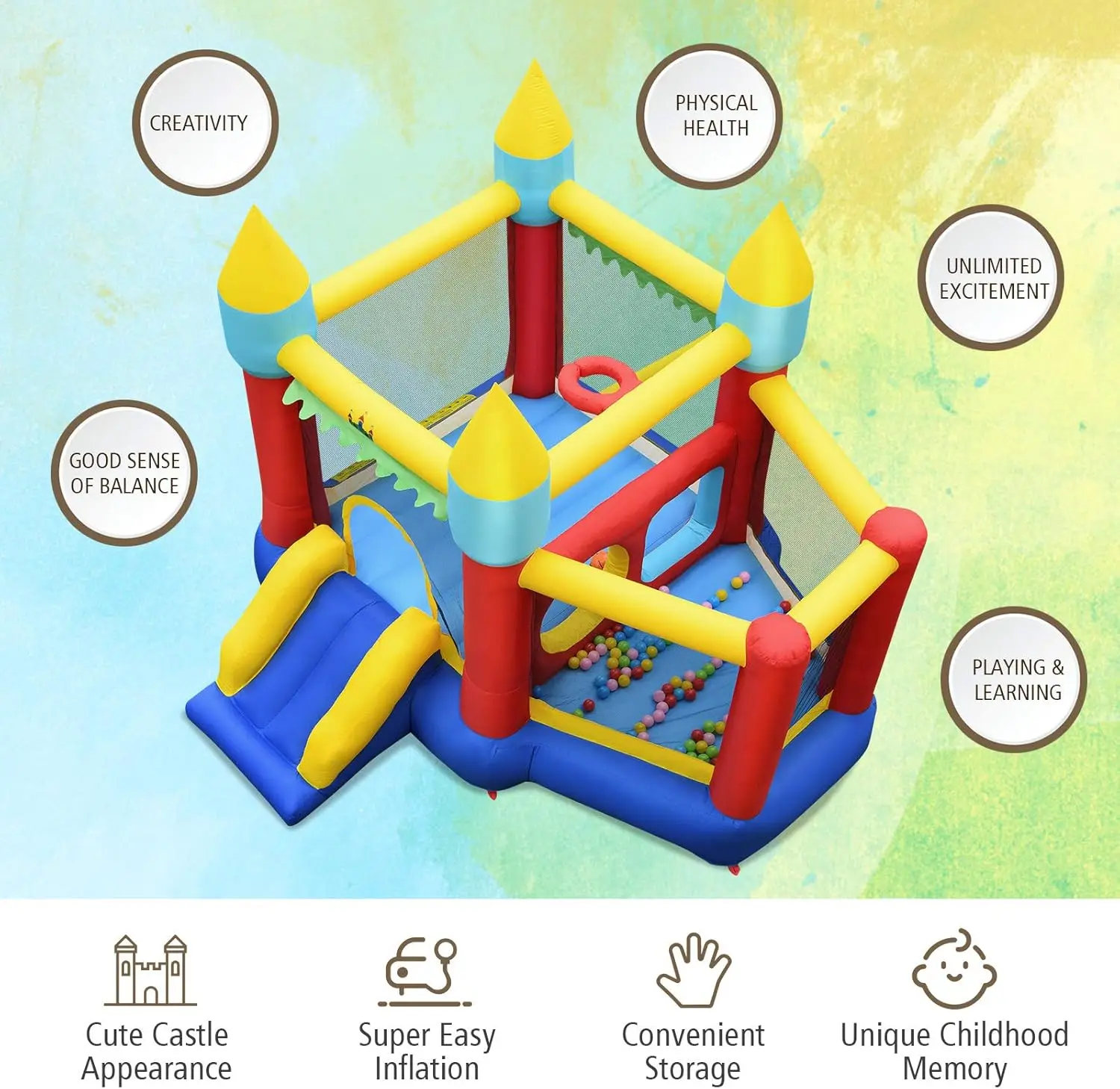 Inflatable Bounce House, Bouncy House for Kids 5-12 Indoor Outdoor Party Family w/Jumping Area, Ball Pool, Toddler Jump Castle