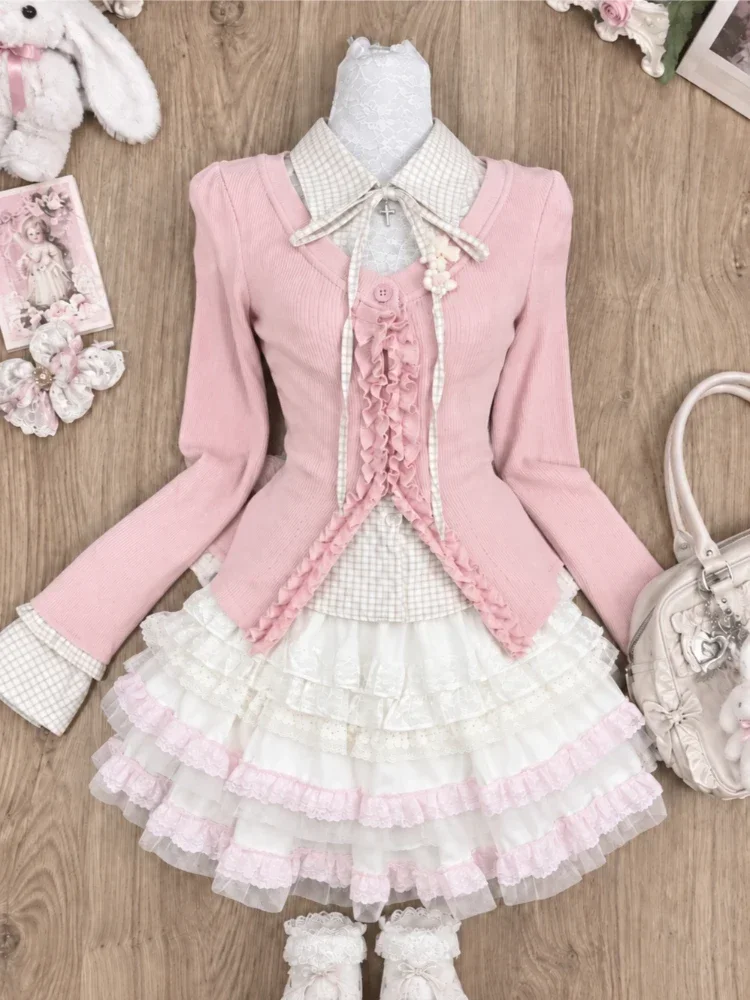 Women Y2K Kawaii 2Pcs Outfit Japanese Style Crop Top Blouse & Mini Skirt American Retro Korean Casual Sweet Girl Skirt Sets