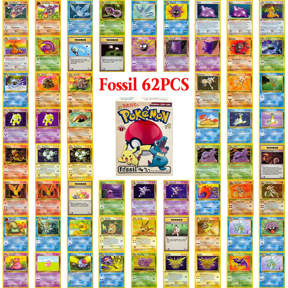 

62 шт. PKM весь набор PTCG-Fossil Set Коллекция Прокси-карты Игровые игрушки содержит аэроктиль Articuno Ditto Dragonite Gengar Haunter
