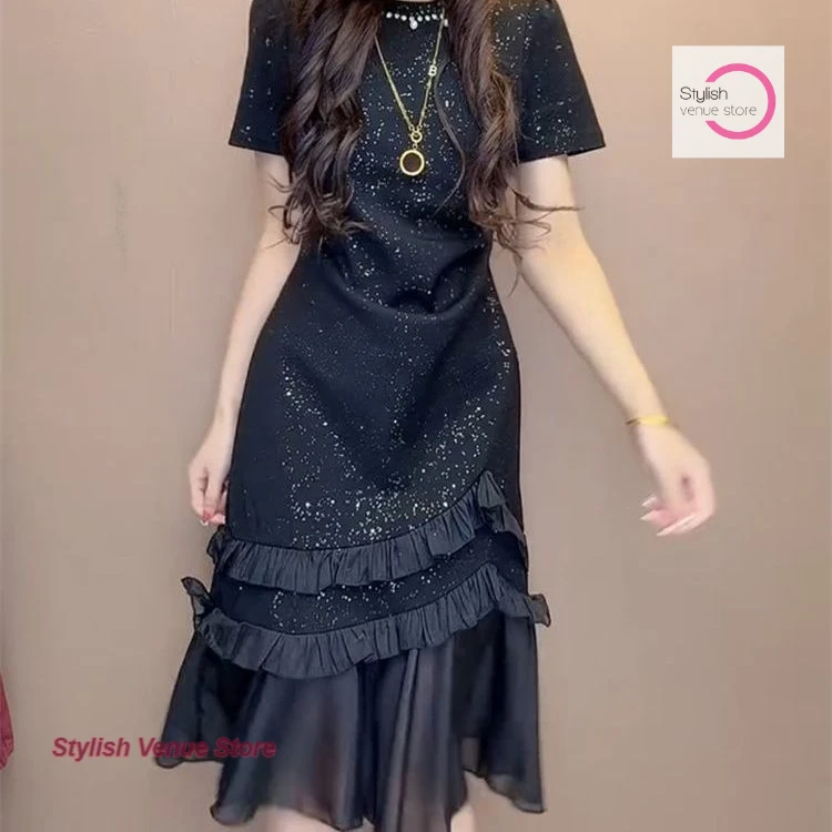 

French fashion design sense black beaded short-sleeved dress women's summer dress new ruffled fishtail skirt temperament skirt