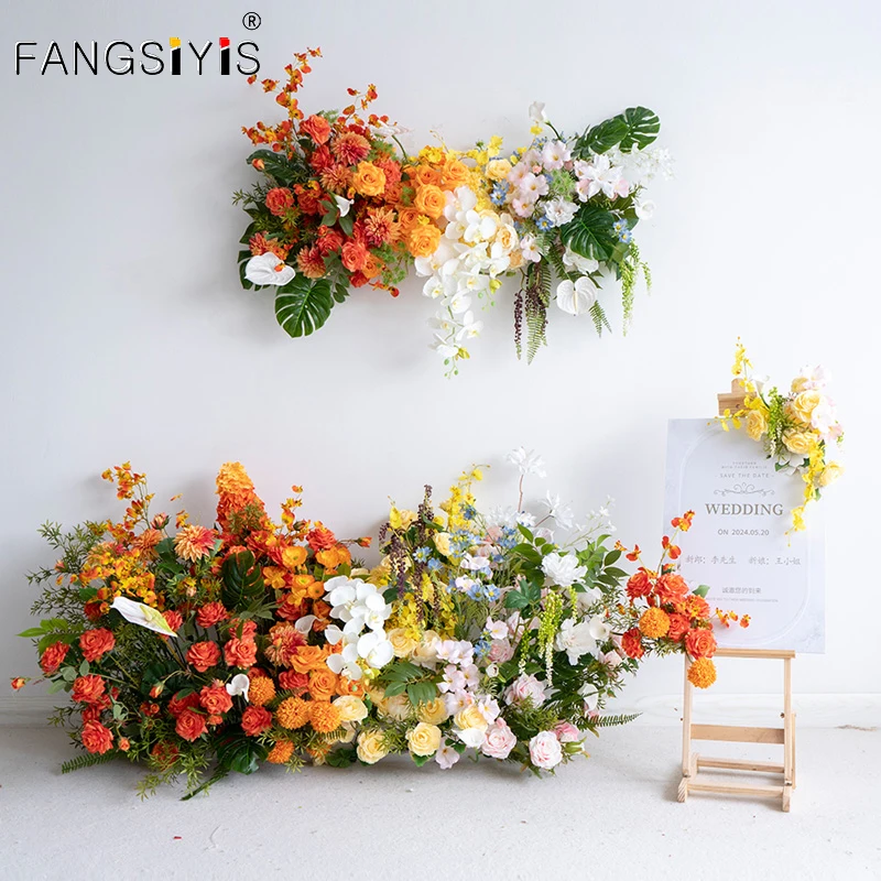 

Orange Wedding Backdrop Arch Decor Floral Arrangement Rose Turtle backed bamboo Green Leaf Party Event Table Centerpieces Row