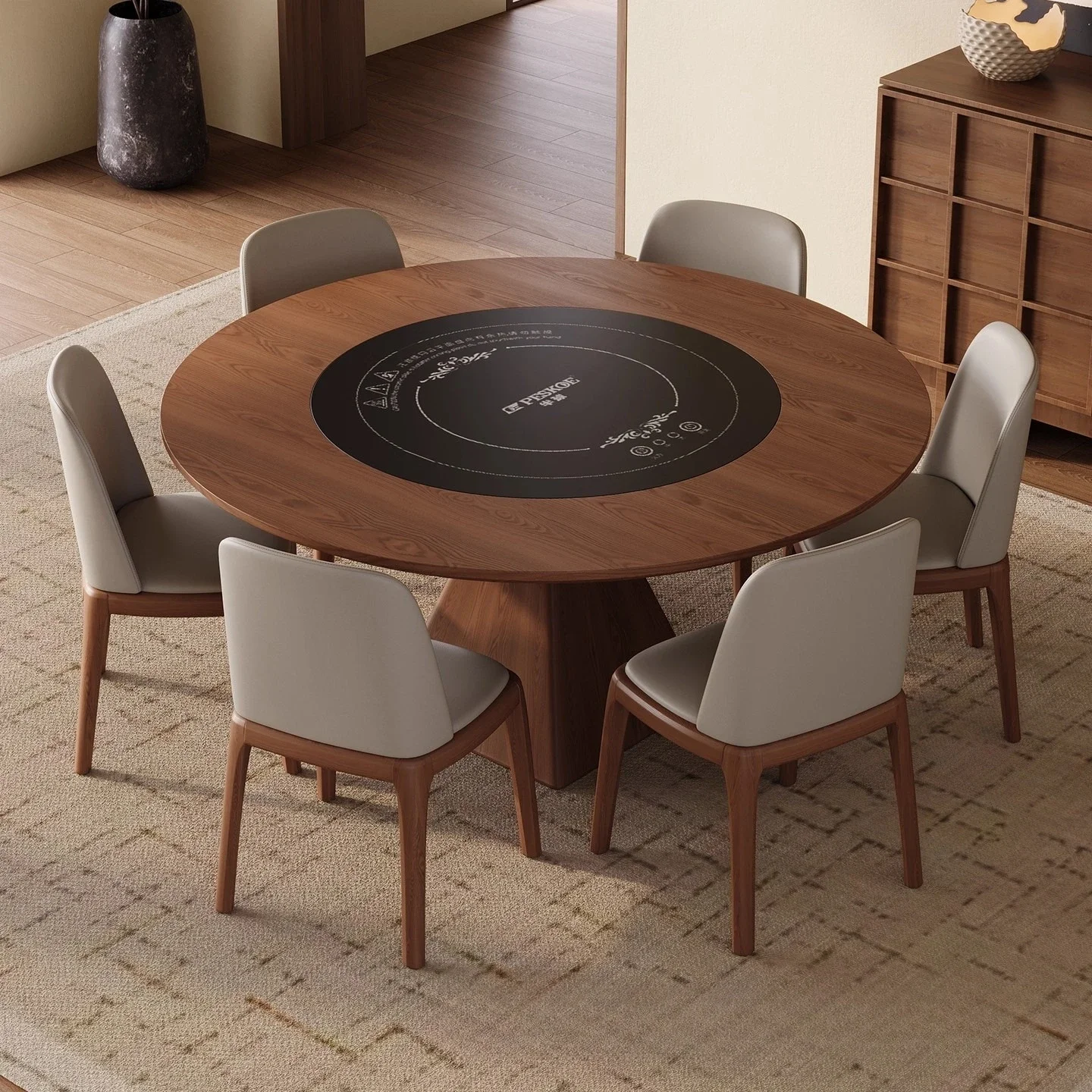Solid wood induction cooker dining table electric vegetable warming turntable rotatable multi-functional ash wood round table