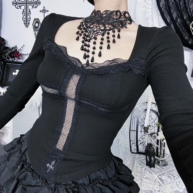 القوطي الظلام فستان من الدانتيل تقليم الصليب كم طويل تي شيرت مول القوطي سليم القمم للنساء Y2K 90s عادية تيز الصلبة الشارع الشهير #2