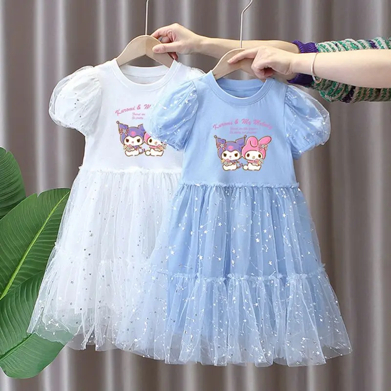 Vestido de Anime Sanrioed Kuromi My Melody para niñas, ropa de manga corta, vestidos de princesa de fiesta, falda de gasa de verano, regalo para niñas