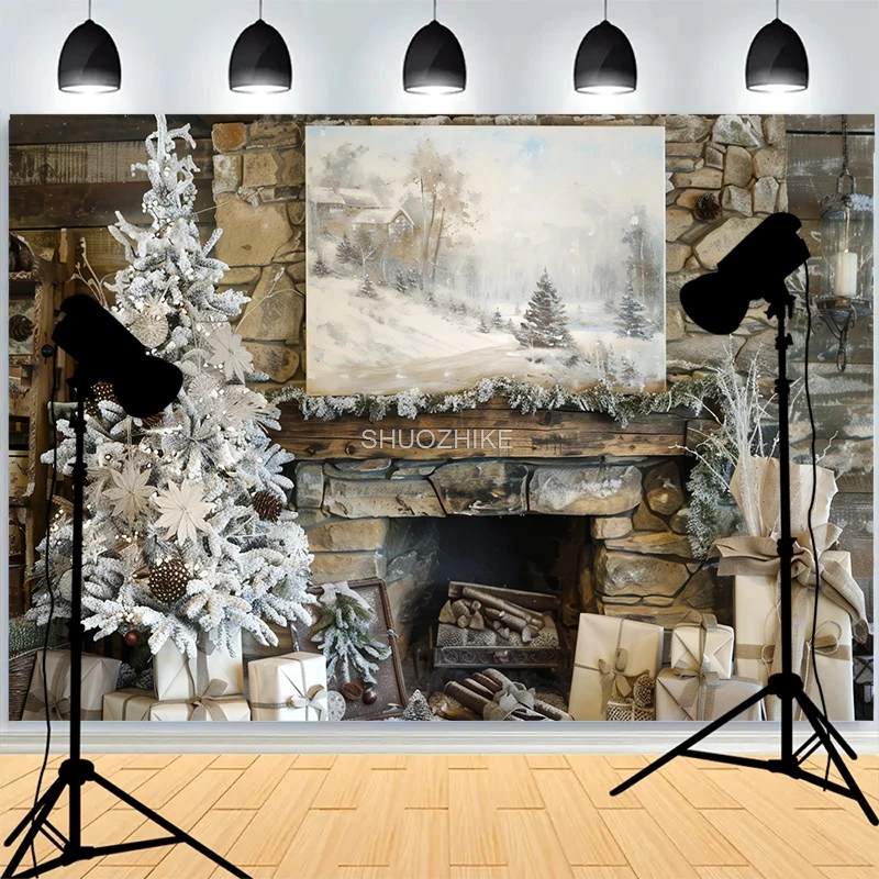 

Christmas Day Fireplace Photography Backdrops Large Window Living Room Wreach Xmas Tree Fireplace New Year Background XH-38