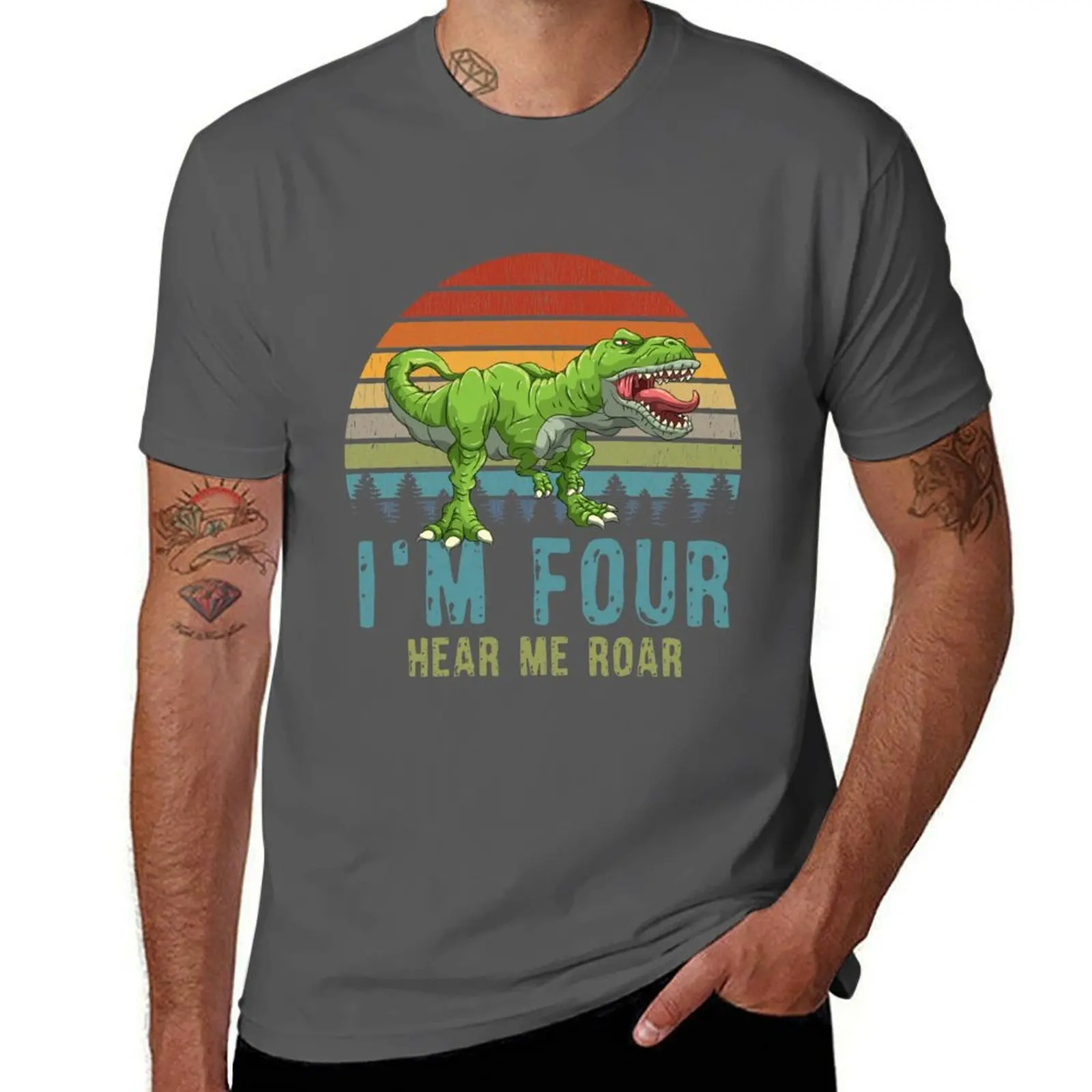 

I'm Four Hear Me Roar T-Rex Dinosaur 4. Birthday Boy Dino T-Shirt Classic Print Short Sleeve Shirt