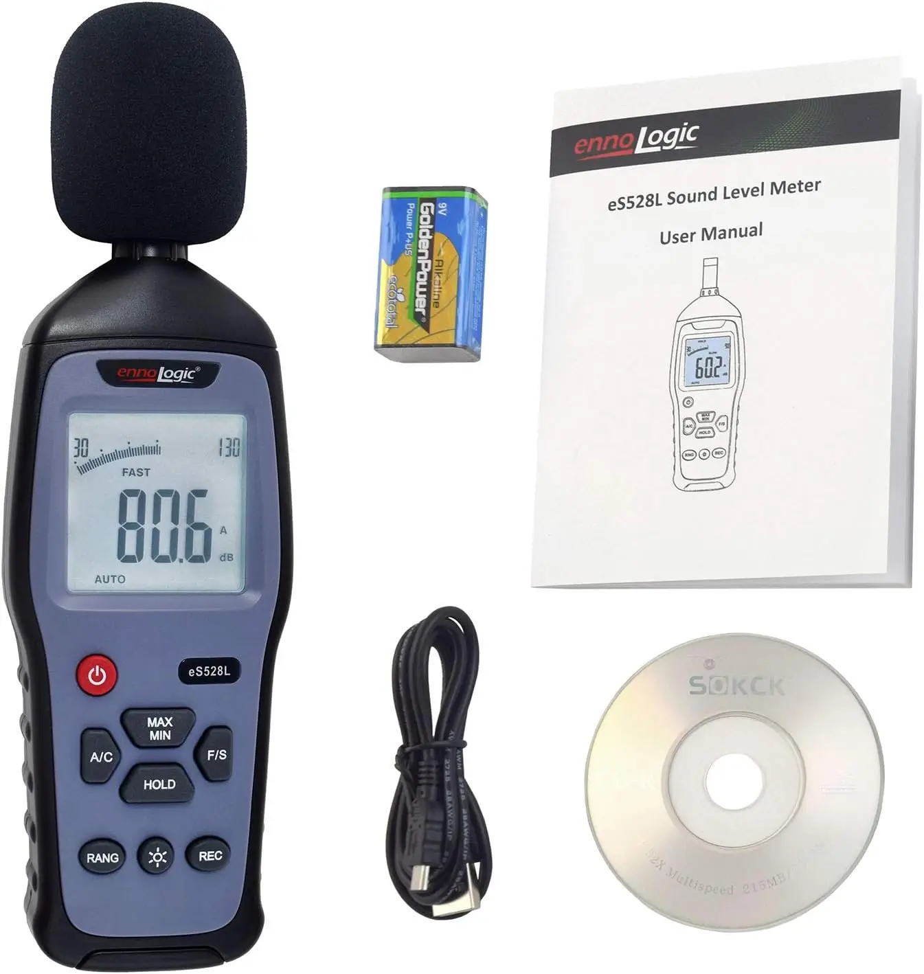 Meter and Recorder eS528L with Updated Software – Digital Sound Level Meter and Noise Logger – Max/Min/Hold, 30-130 dBA Range