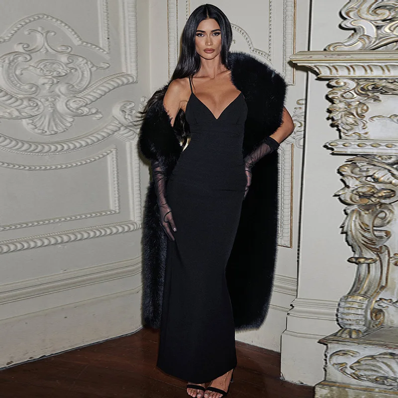 暗号化ネックスカーフリボン付きスリップマキシドレス、女性用プロムガウン、エレガントなクラブパーティースリーブレススリットドレス、ボディコン服