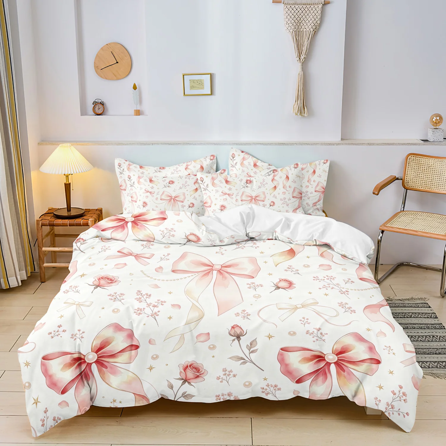 3pcs Aesthetic Pink Ribbon Bow Duvet Cover Set, Rose Tiny Flower Print Bedding, For Family Bedrooms Dormitories Hotels