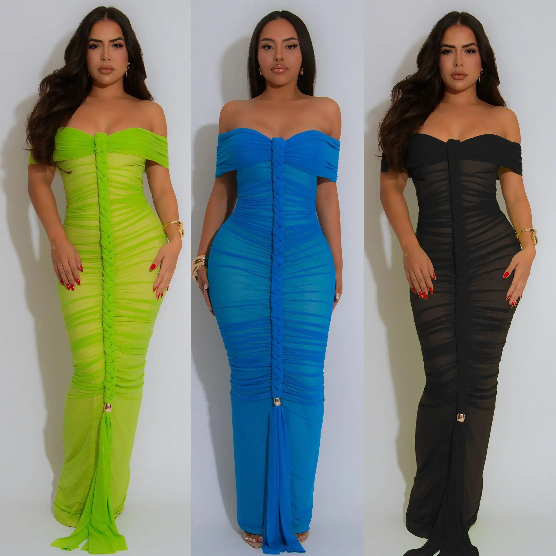 

Women Braid Ruched Sleeveless Slash Neck Bodycon Long Maxi Dress 2025 Summer Party Birthday Sweet Vestido Sexy Dresses