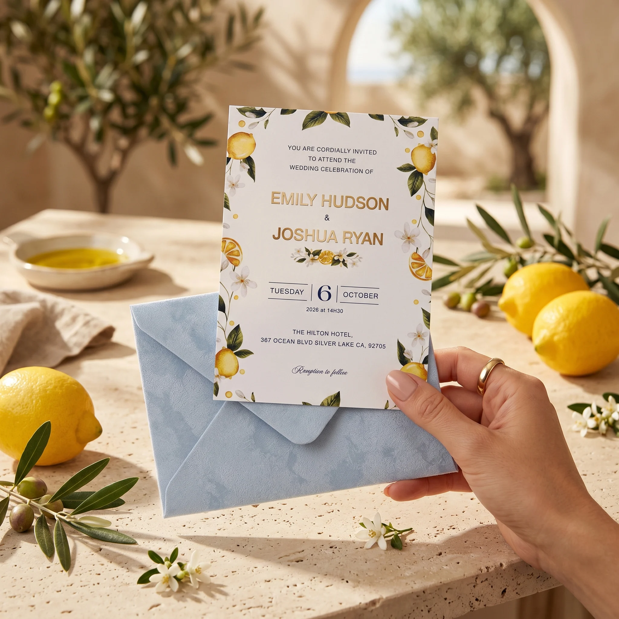 50 Pcs Lemon Wedding Invitation Kits Customizable Watercolor Mediterranean Style Summer Wedding Invites with Velvet Envelopes