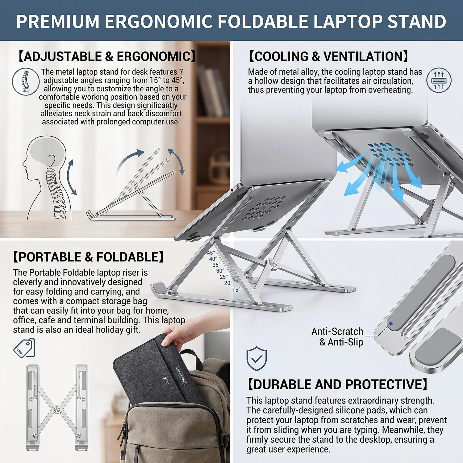 Adjustable Foldable Laptop Stand - Portable Notebook Bracket Support Base for Macbook PC - Portable Laptop Holder