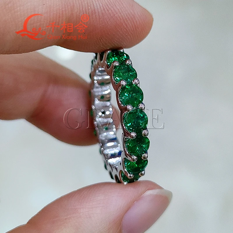 Green Lab grown Emerald 4mm round Eternity Band S925 Silver Jewelry for Engagement Party Full of Band Ring