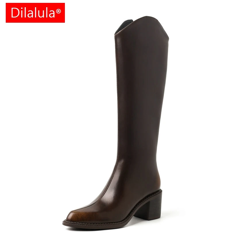 Dilalula 2025 Fashion Genuine Leather Women Knee-High Motorcycle Boots Ladies Square High Heel Pointed Toe Party Long Boots