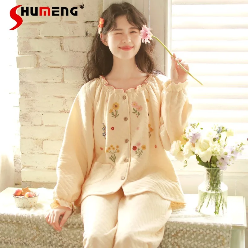 مجموعة ملابس منزلية مطرزة لطيفة وجميلة للسيدات للخريف والشتاء على الطراز الياباني بيجامات نسائية سميكة ودافئة مبطنة للاستلقاء #2