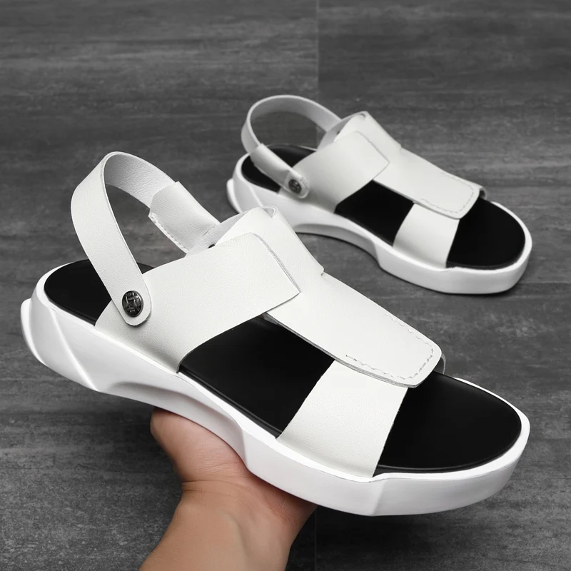 New White Black Cow Spilt Leather Men Sandals Platform Summer Roam Men Shoes Trendy Casual High Top Young Fashion Men Shoes