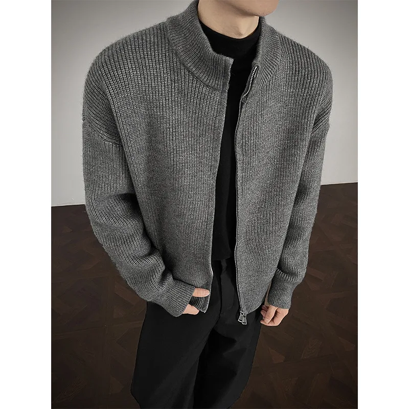 

Men's Zipper Collar Knitwear Jacket Pure Color Versatile Autumn Winter American Retro Style Long Sleeve Breathable Casual Top