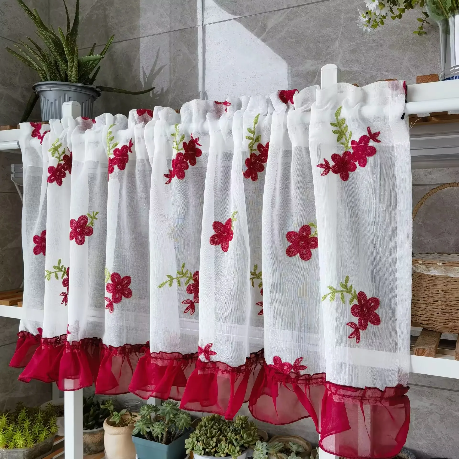 Lace Curtain For Kitchen Red Floral Tulle Curtain For Bay Window Short Curtain Door Partition Cabinet Sheer Drape DL-WP261#40