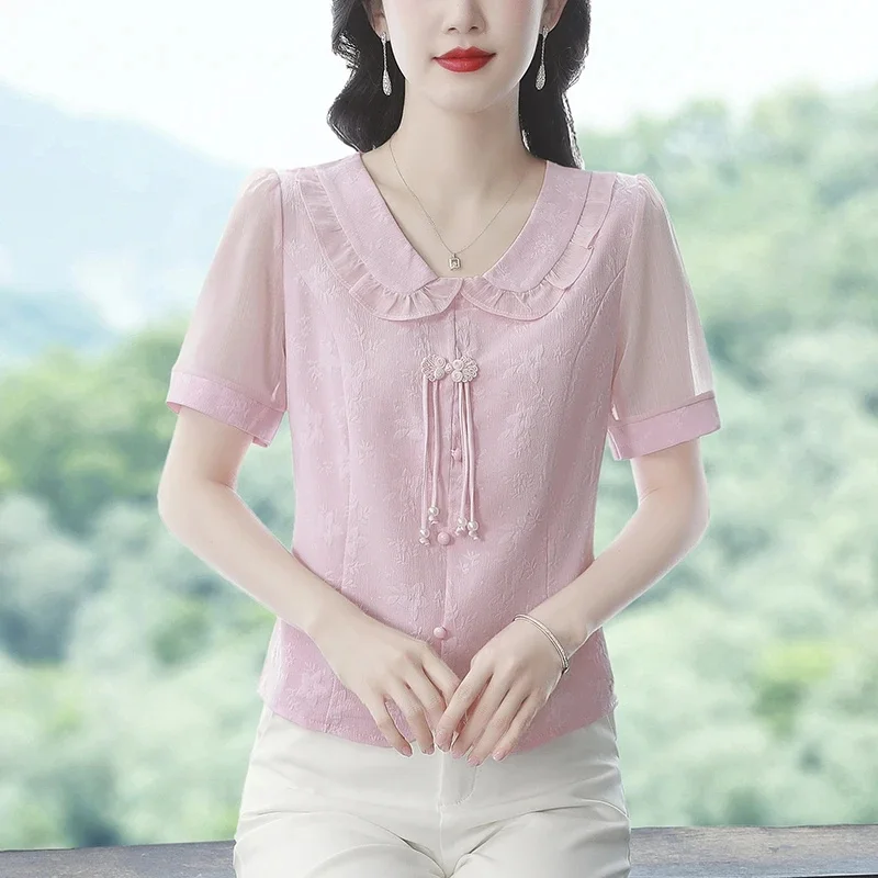 

New Chinese Style Short Sleeved Jacquard Shirt For Women In Summer 2025, Chic Chiffon Western-style Button Up Hirt, Belly Coveri